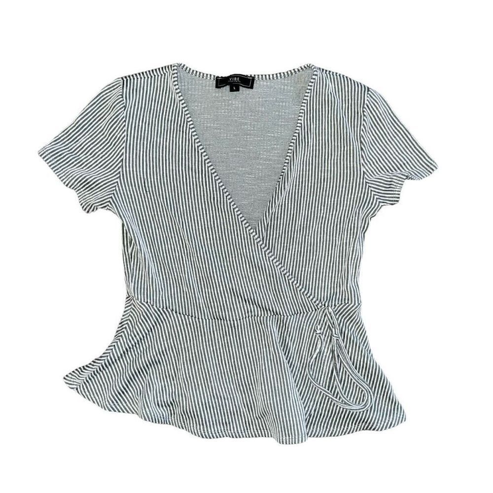 VIBE Faux Wrap Green & White Short Sleeve Blouse Size Large